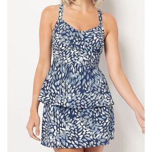 N-351 Denim & Co. Beach Twist Front Tankini with Skirt NAVY PAINTBRUSH sz 8